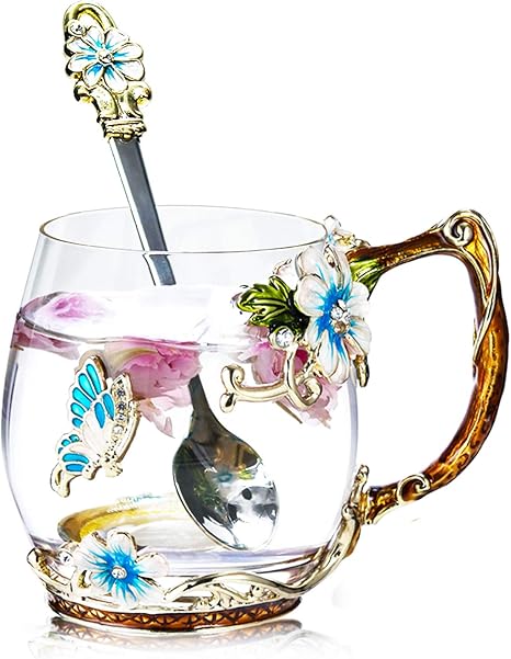 Amazon Com Tea Cup Glass Coffee Mugs Lead Free Handmade Enamel Cups With Spoon Set Unique Personalized Birthday Mothers Day Gifts Ideas For Women Grandma Mom Female Friend Teachers Blue Short 12 Oz