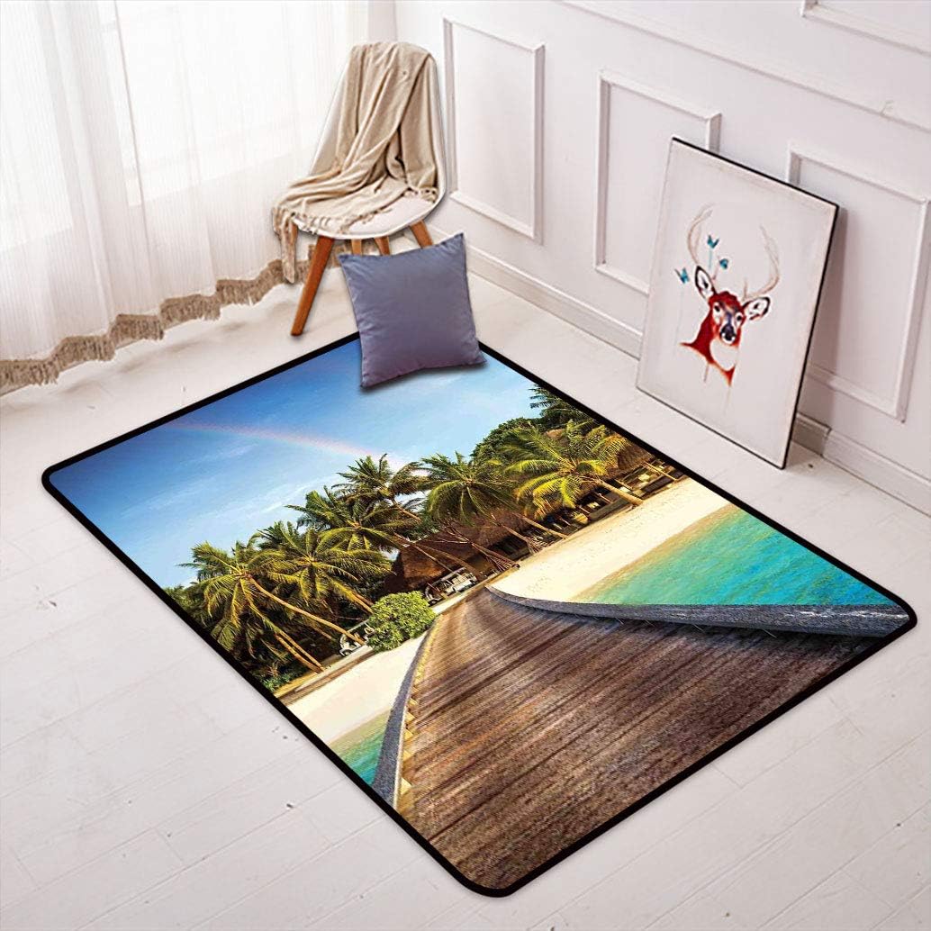 Beach Area Rug Floor Carpet, Wooden Bridge to Island Beach Resort with Colorful