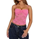 Women Y2k Lace Tank Top Spaghetti Strap Sexy Going Out Crop Tops Sheer See Through Cami Shirt