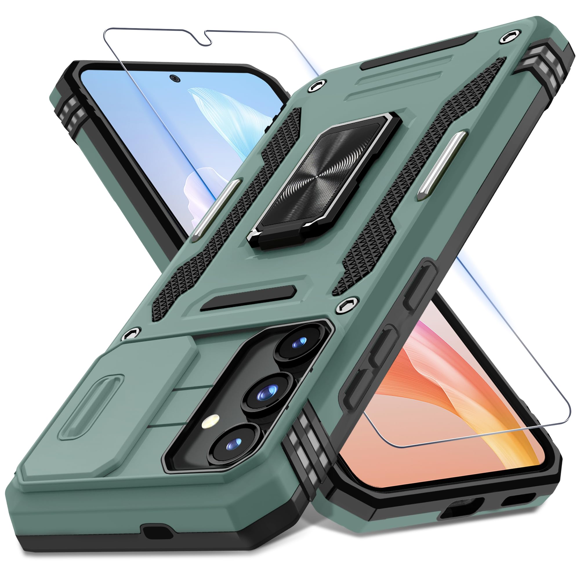 Photo 1 of DEERLAMN Case for Samsung Galaxy S25+ Plus 6.7-Inch with Slide Camera Cover+Screen Protector(1 Pack), Rotated Ring Kickstand Military Grade Shockproof Protective Cover-Green