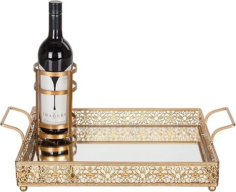 Amazon Com Amalfi Decor Vintage Mirror Serving Tray Rectangular Metal Vanity Food Decorative Display Platter With Wine Bottle Holder Gold Serving Trays
