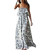 Yidarton Women Summer Blue and White Porcelain Strapless Boho Maxi Long Dress