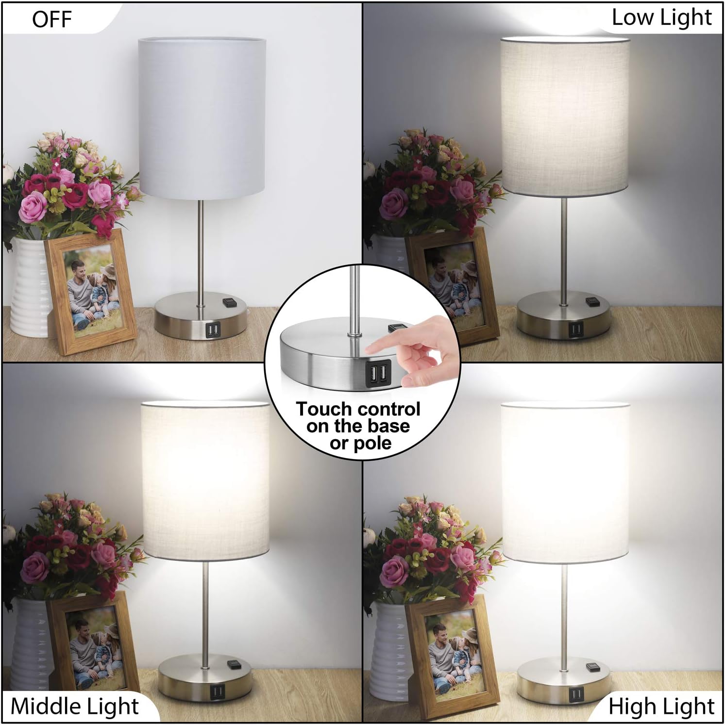 Touch Control Table Lamp, 3 Way Dimmable Bedside Desk Lamp with 2 Fast USB Charging Ports and AC Outlet, Nightstand Lamp for Bedroom Living Room, Modern Office Lamp, Silver Base, 60W LED Bulb Included: Home Improvement