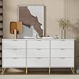 UEV White Dresser for Bedroom,Modern 9 Drawer Triple Dresser with Gold Accents,Long Storage Dresser for TV Stand & Closet,Large Chest of Drawers for Bedroom