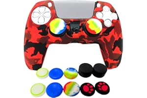 ASOKEX Skin for PS5 Controller Grips, Silicone Case Cover for PlayStation 5 Anti-Slip Protector with 10pcs Thumb Joysticks Caps (red Camouflage)
