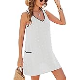 Urchics Swimsuit Coverup for Women 2025 Summer Beach Bathing Suit Cover Up Swiss Dot Sleeveless V Neck Tank Mini Sun Dress