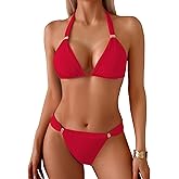 TASHEHE Women's Triangle Ruched Bikini Set Sexy Two Piece Swimsuit Halter Sliding Rings Bathing Suit