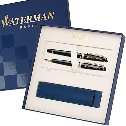 WATERMAN Schreibset EXPERT Schwarz G.C. mit persönlicher Laser-Gravur Füllfederhalter und Kugelschreiber im großen Geschenk-Etui