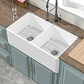 HOMLYLINK Double Bowl Farmhouse Sink White 33 x 18 Inch, Firecaly Apron Front Undermount Farm Sink Reversible(Sleek & Fluted 