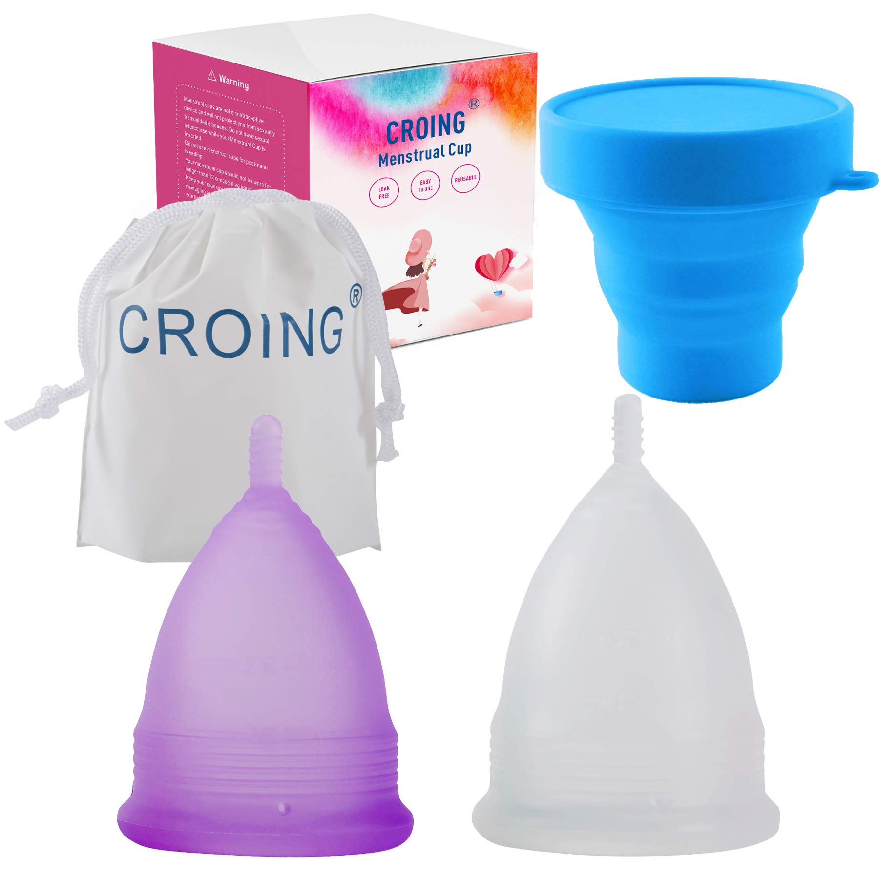 CROING Reusable 2 pcs Menstrual Cups with 1 pc Silicone Cup and 1 pc Storage Bag, Period Cup