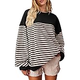 HEYTALALA Womens Oversized Striped Sweatshirts Y2K Long Sleeve Crewneck Sweater Color Block Drop Shoulder Loose Pullover Tops