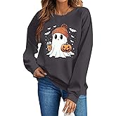 ASTANFY Halloween Sweatshirts for Women Ghost Pumpkin Long Sleeve Shirt Coffee Lover Graphic Tees Fall Spooky Pullover Tops