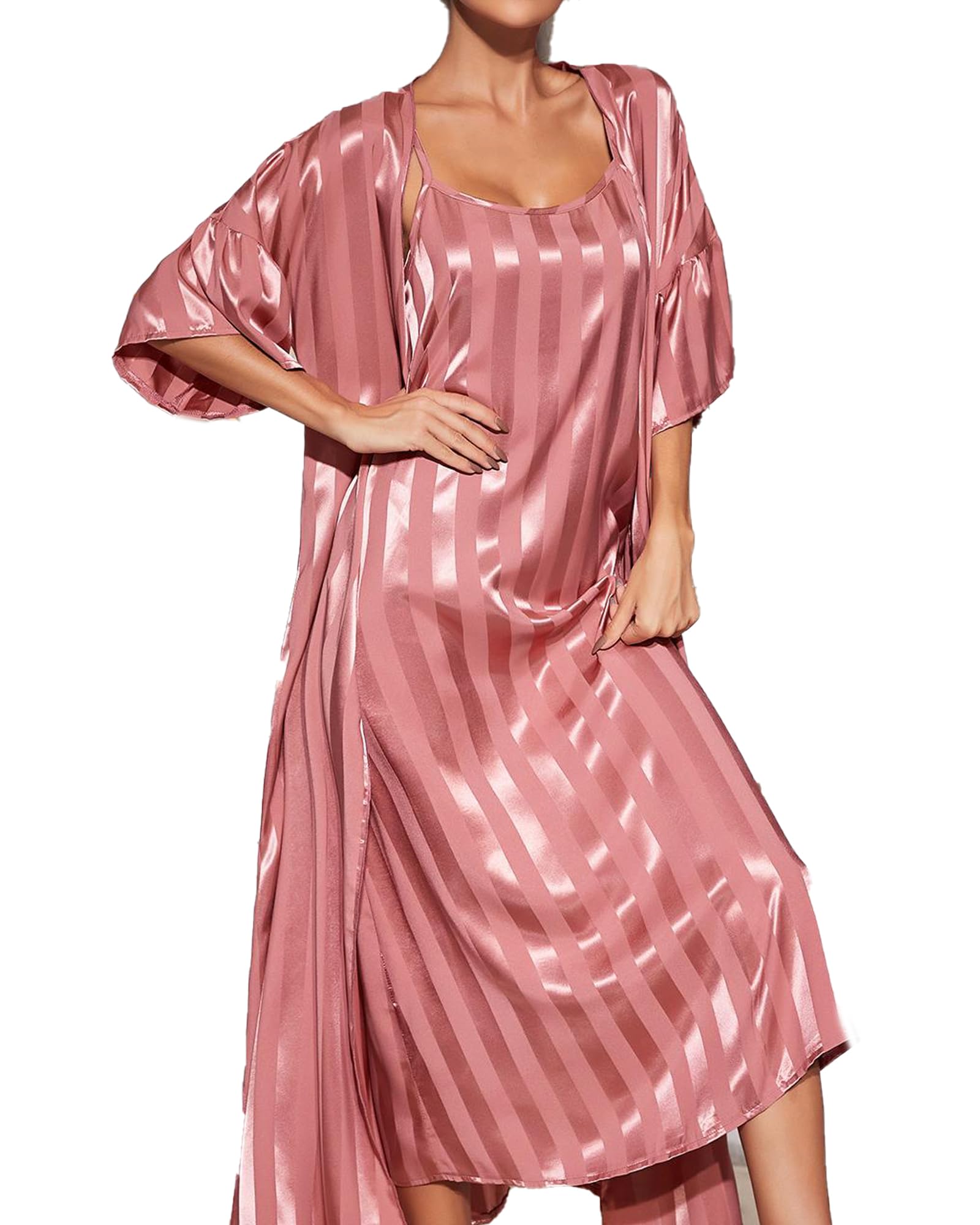 Photo 1 of Fnumoa Women's Robe Set Nightgown with Robes Satin Silk Pajama Set 2 Pieces Lingerie U-Neck Sexy Sleepwear Sets