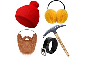 GANSHAYA 5 Pcs Halloween Prospector Costume Include Beanie Hat,Yellow Beard,Belt,and Earmuffs for Men Women Christmas Character Cosplay