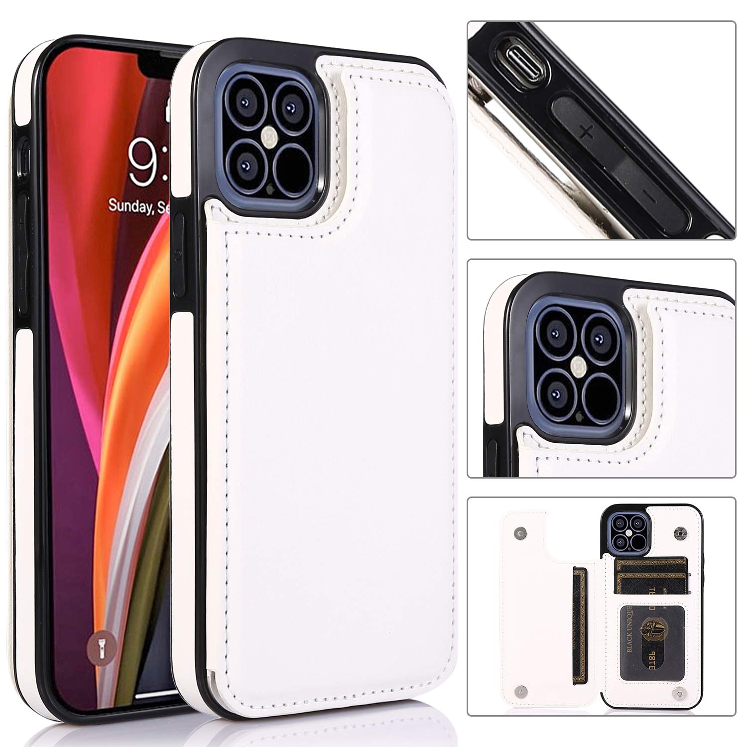 UEEBAI Case for iPhone 12/iPhone 12 Pro 6.1 inch, Luxury PU Leather Case with [Two Magnetic Clasp] [Card Slots] KickStand Function Durable Shockproof Soft TPU Case Back Wallet Cover - White