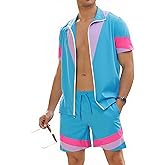 UOUA 80s Outfit for Men 90s Color Block Costumes 2 Piece Retro Short Sleeve Jacket & Shorts Set for Party