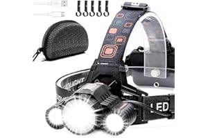 Colaer Headlamp - Brightest 6000 Lumen LED Work Head Light, USB-C Rechargeable IPX4 Waterproof Head Lamp Flashlight+ Red Light for Camping,Hiking,Fishing,Outdoors-5 Hardhat Clips Incl.