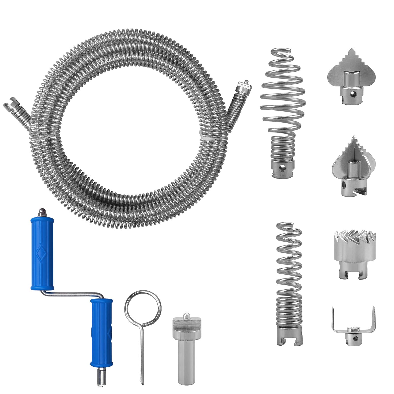 Drain Snake Unblocker 5 m, Spiral Diameter 12 mm, with 6 Pieces Drain Cleaner Cutting Head and 1 Manual Adapters, Sink Unblocker and Drain Unblocker Tool