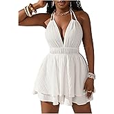 WDIRARA Women's Deep V Neck Sleeveless Halter Romper Backless Layered Ruffle Short Jumpsuits