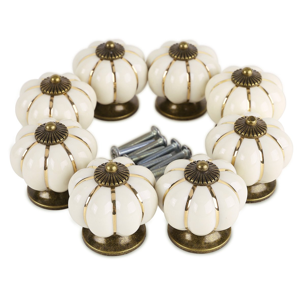 AKORD 8X Ceramic Vintage Pumpkin Cabinet Drawer Knob Door Handle, Ivory