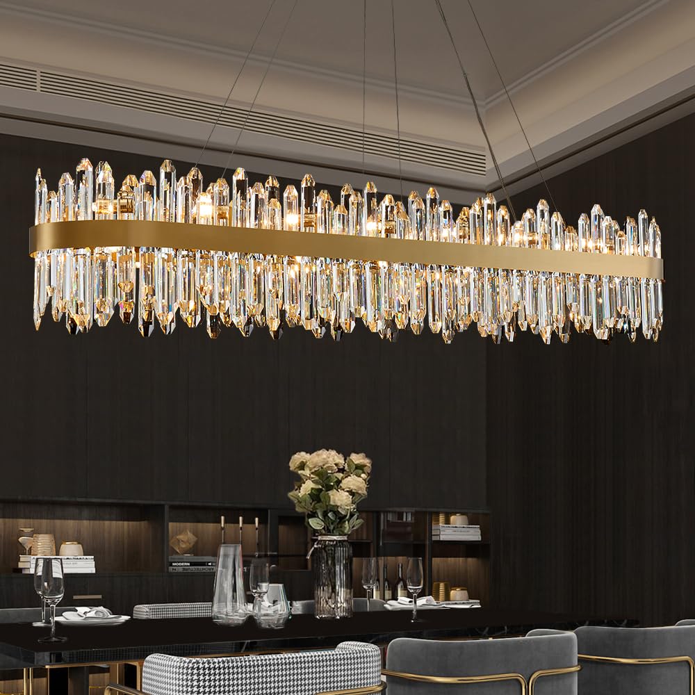 Photo 1 of LIZZTREE Gold Oval Crystal Chandelier L57 inch, 32-Lights Gold Chandeliers Modern Crystal Chandelier Pendant Light Fixture G9 Lights Pendant Ceiling Light for Dining Living Room Kitchen Island