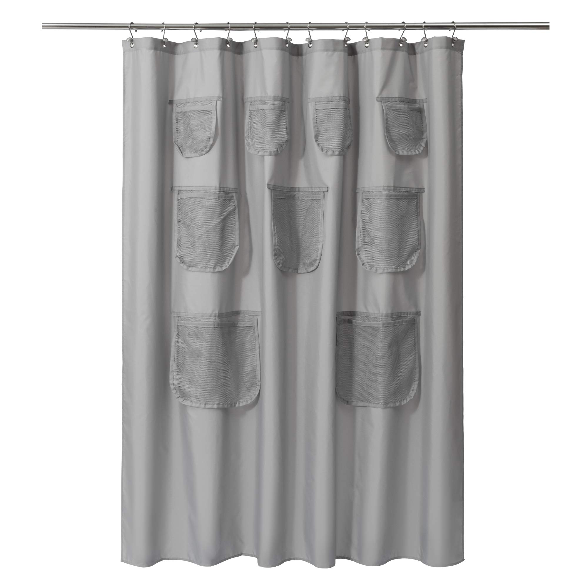 Mrs Awesome Gray Fabric Shower Curtain or Liner with 9 Mesh Pockets,72 x 72 inch, Water Proof, Washable and Rust Proof Grommets,Gray