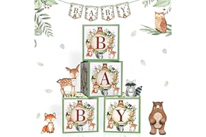 LOPEASTAR Woodland Baby Shower Boxes Blocks Centerpieces Decorations,4Pcs Large Sage Green Forest Boxes with Letters for Baby Shower Neutral Boy Birthday Decor Ideas