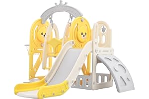 Merax 5-in-1 Toddler Slide and Swing Set, Kids Slide with Climber, Basketball Hoop and Storage Space, Outdoor Indoor Swing Slide Set for Toddlers Age 1+