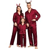 SWOMOG Matching Family Pajamas Set Women & Men & Kids Silk Satin Pjs 2 Pcs Long Sleeve Button Down Sleepwear with 2 Pockets
