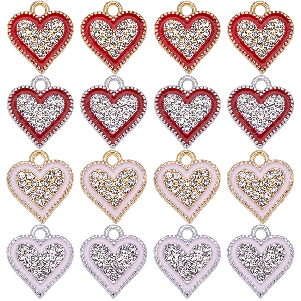 SUNNYCLUE 1 Box 40Pcs Heart Charms Hearts Charm Valentine's Day Red Enamel Heart Love Charm Pink Rhinestone Heart Charm Golden Silver Tone Love Charms for jewellery Making Charms DIY Gifts Supplies