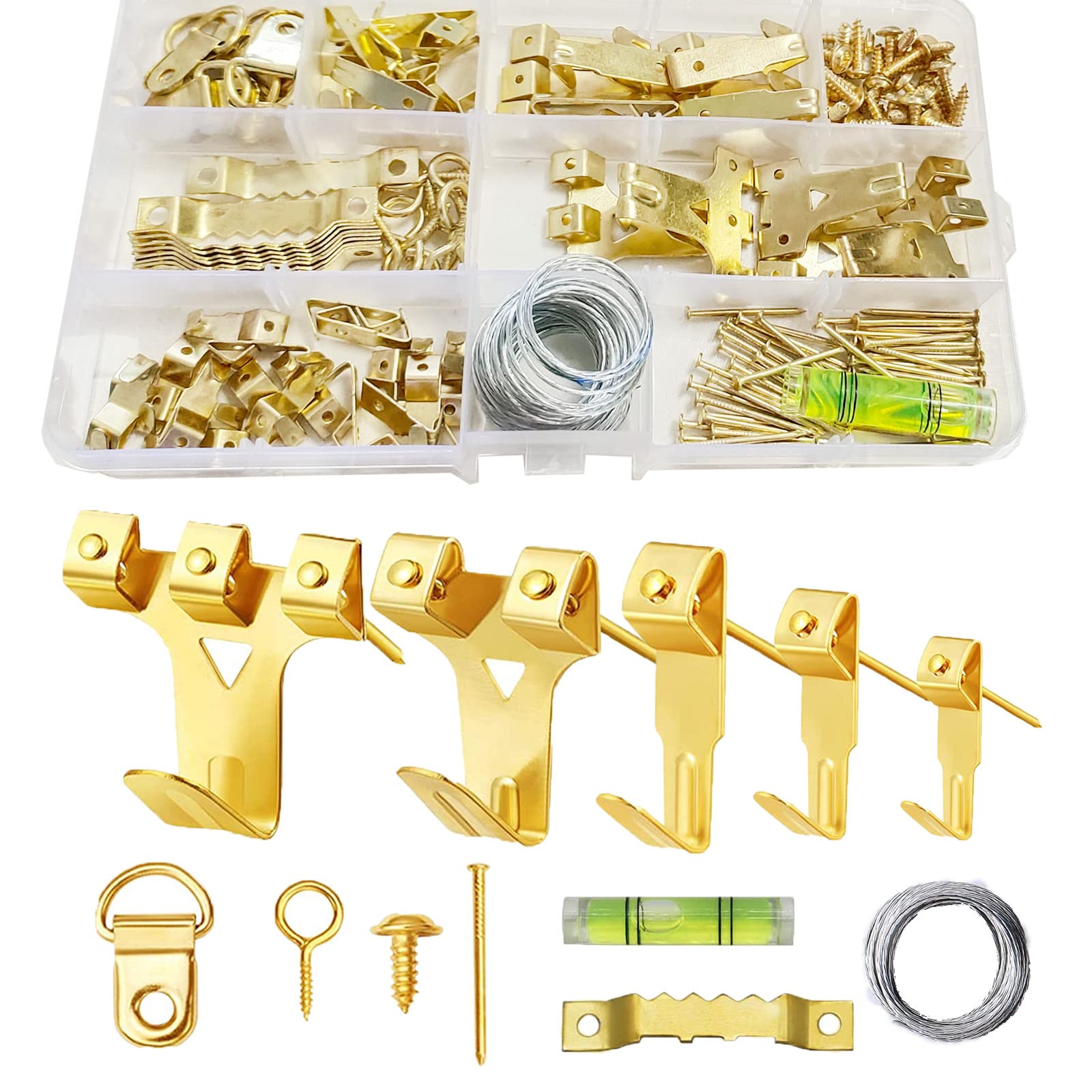 162Pcs Heavy Duty Picture Hooks for Hard Walls-Picture Hanging Kit with Wire,Sawtooth, D-Ring, Nails with Screws for Mirrors, Picture Frames ,Decor & Paintings (Gold)