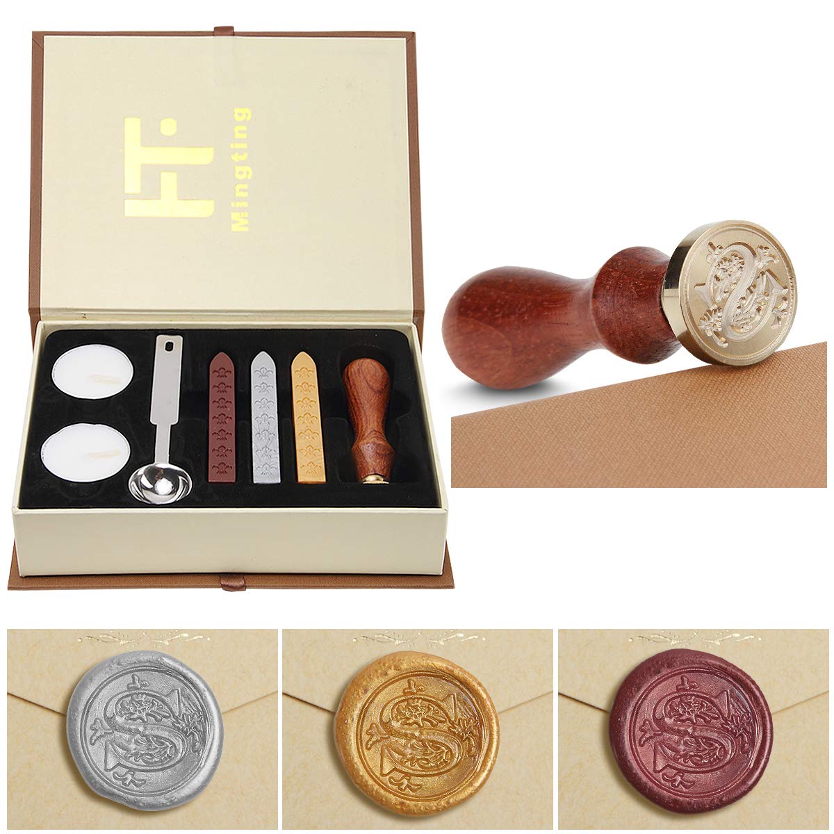Wax Seal Stamp Kit, PUQU Classical Old-Fashioned Antique Wax Stamp Seal Kit Initial Letters Alphabet Set Gift Box with Vintage Wooden Handle and Brass Color Head (S)