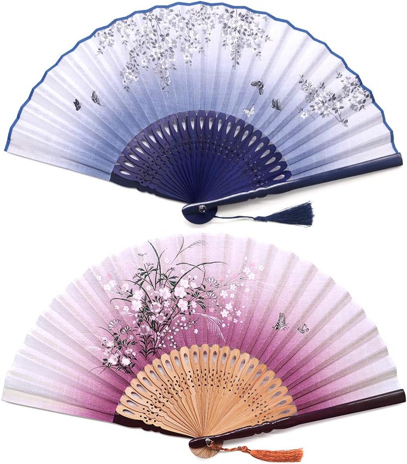 Sunnyac Hand Folding Fan, Japanese Bamboo, Fabric Handheld Fans in Delicate Box, Chinese Vintage Retro Style Handcrafted Fans and Patterns, Great Gift for Women, Girls (Type2)