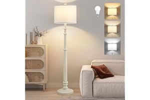 EJIAXIN Floor Lamps for Living Room - 60" New Upgrade Resin Farmhouse Floor Lamp with 3 Color Temperatures - Vintage Standing Lamp Reading Light with Linen Shade Retro Tall Lamp for Bedroom Office, White