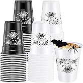 Potchen 60 Pcs Halloween Party Disposable Cups Plastic 16oz Black and White Drinking Cups for Cold Beverage Drinking Birthday Halloween Decoration Horror Theme Goth Party Favors (Spider)