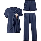 Rnxrbb V Neck Nursing Pajamas Set 3 Pack Postpartum Pjs Breastfeeding Sleepwear for Women Double Layer with Pockets