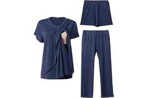 Rnxrbb V Neck Nursing Pajamas Set 3 Pack Postpartum Pjs Breastfeeding Sleepwear for Women Double Layer with Pockets
