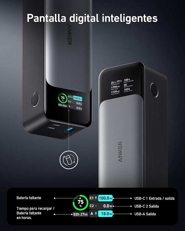 Anker power bank quick charge 737, carregador portátil de 24.000 mah com 3 portas, 140 w, compatível com iphone série 15, samsung, macbook, etc.