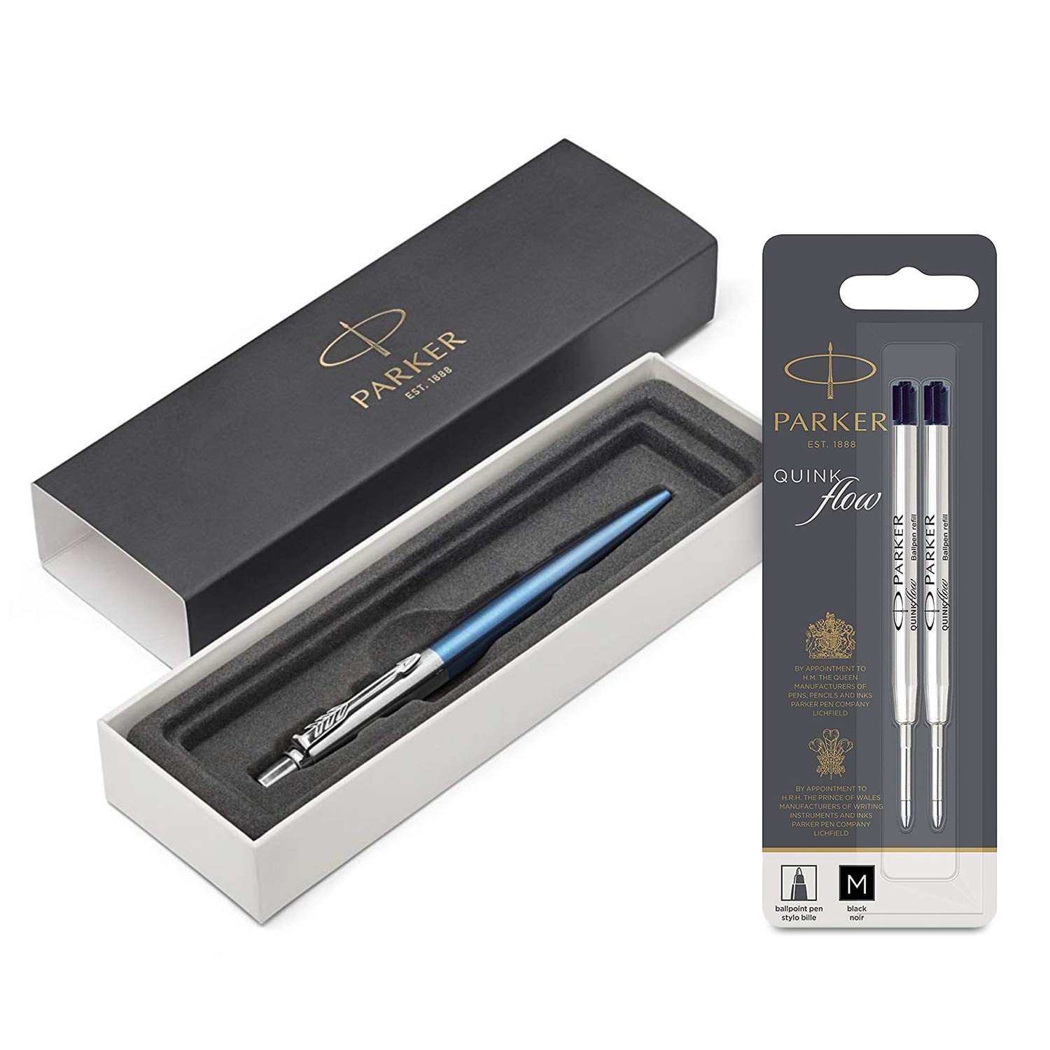 Parker Jotter Waterloo Blue CT Ballpoint Pen, Gift Box with Quinkflow Ball Pen Refill Medium Nib Black, Pack of 2