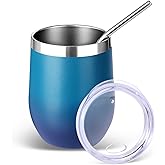 Volhoply 12oz Stainless Steel Wine Tumbler with Lid and Straw,Double Wall Vacuum Insulated Stemless Wine Glasses,Reusable Travel Coffee Mug for Cold Drinks,Tumblers Gifts for Women（Dark Night,1 Set）