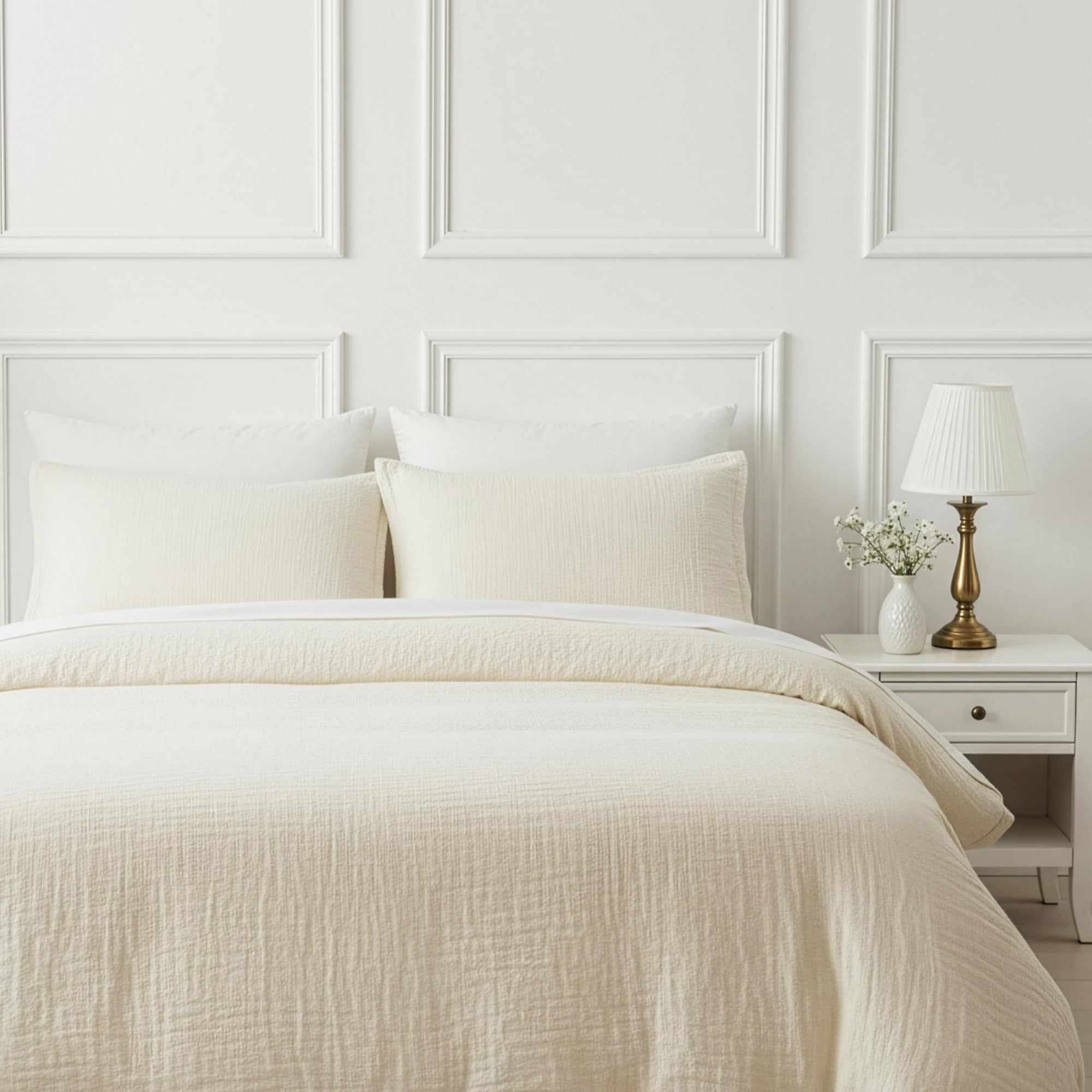 Photo 1 of CORSO DA VINCI Muslin Cotton Duvet Cover Full Set White - Breathable & Lightweight Gauze Duvet Cover with Pillow Shams - Elegant 4-Layer Muslin Comforter Cover Set with No-Tie Italian Design 92x88