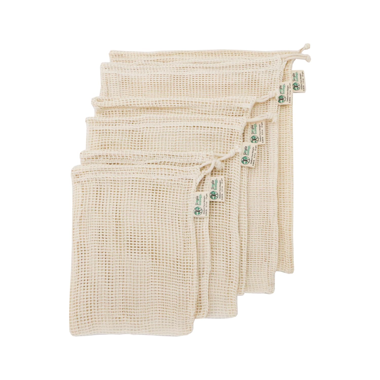 Simple Ecology Reusable Organic Cotton Mesh Grocery Shopping Produce Bags - Set of 6 (2 ea. S, M, L) (Heavy Duty, Washable, Produce Saver Bags, Food Storage, Bulk bin, Tare Weight tag, Drawstring)