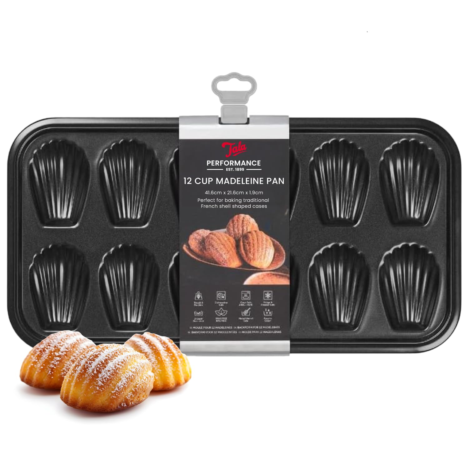 Tala Performance 12 Cup Madeleine Shell Cake Pan, Professional Gauge Carbon Steel with Eclipse Premium Non-Stick Coating, 39.8x19.8x1.5 cm