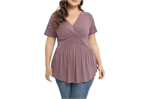 Binmer Plus Size Tops for Women 2024 Summer Lace Splicing Short/Half Sleeve Tunic Blouse Loose Fit Flowy Asymmetric Shirts