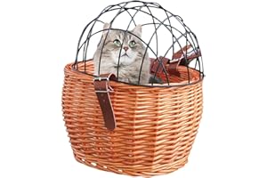 JAUARTA Wicker Bike Basket for Small Dogs Cats Pet Carrier Front Basket with Wire Mesh Cover (Honey Color)