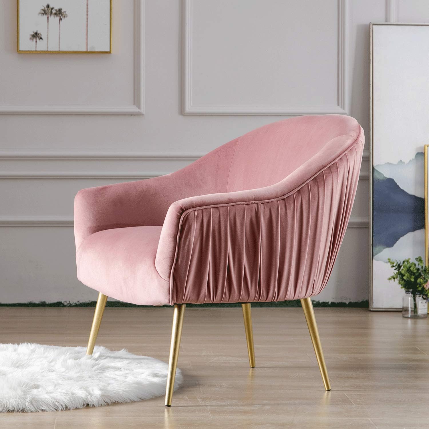 Guyou Modern Velvet Barrel Chair Pleated Back Armchair Club Chair with Gold Legs for Living Room Bedroom Home Office Conner (Pink)