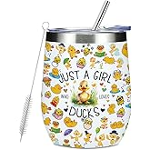 A Girl Loves Ducks Duck Gifts Duck Decor Stuff Wine Tumbler Friendship Christmas Birthday Gift for Women Animal Lovers Friend Sister Wine Glass Stainless Steel Insulated Travel Cup with Lid, 12oz