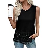 EVALESS Womens Tank Tops Casual Summer Waffle Knit Lace Crochet Boho Crewneck Sleeveless Loose Vacation Beach Vest Shirts