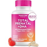 Pink Stork Total Prenatal + DHA, Vegan, Clean Label Award, 60 Ct, Berry | Methylfolate, Vegan DHA, Non-Constipating Iron, Choline, Vitamin B12 | Gentle Stomach Formula | Made in USA