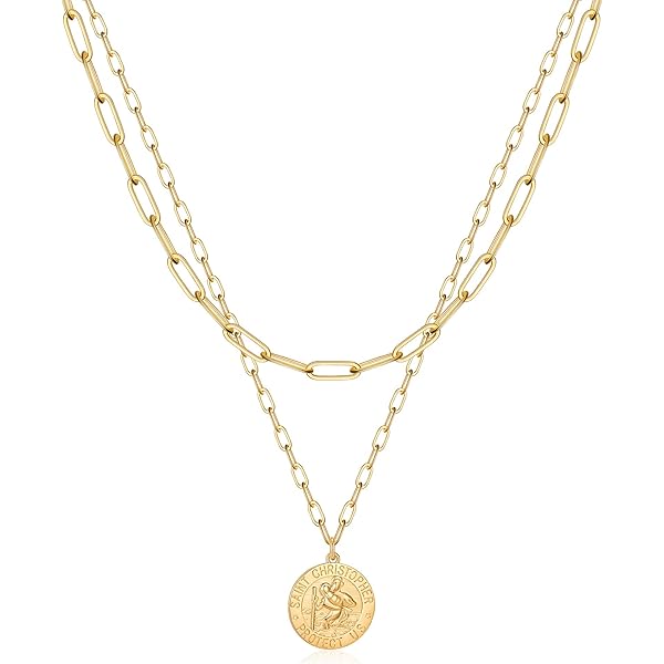 Layered Initial Necklace For Women – 14K Gold Plated Paperclip Chain With Cubic Zirconia – Dainty Gold Coin Necklace